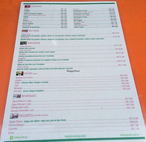 Menu at Ala Verde in Campinas
