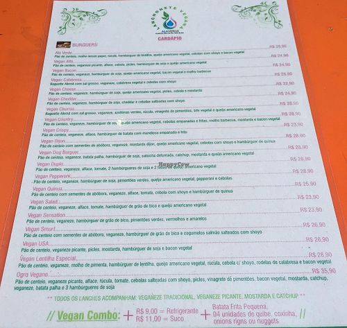 Menu at Ala Verde in Campinas