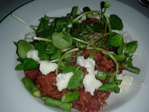 'English Garden in Spring' - Beetroot Risotto with asparagus and cream cheese, lemon and herbs at Painted Elephant in Newcastle Upon Tyne