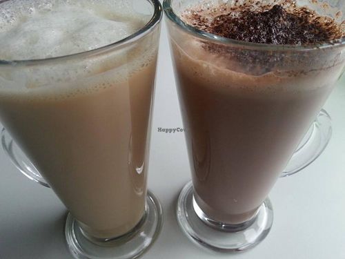 Hot drinks made with soy milk at Painted Elephant in Newcastle Upon Tyne