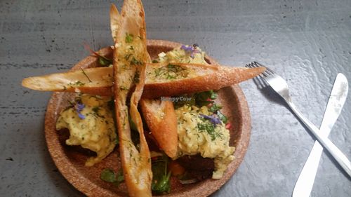 Lentils and Aubergine Meatballs Creamy fennel and Dill sauce/garlic crostinni/pomegranate salad.  at Coca Sova in Dublin