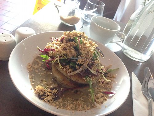 potato and coliflower pancakes with mushroom sauce and tofu toppings ! delicious! at Coca Sova in Dublin