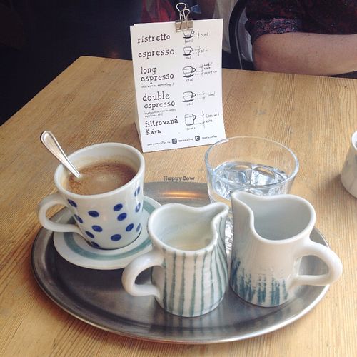 Americano coffee with soy milk. Cute ceramics!  at Mamacoffee in Prague