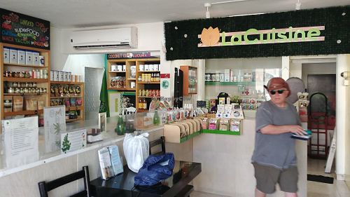 Cashier area and store work liquid salt. at La Cuisine in Cozumel
