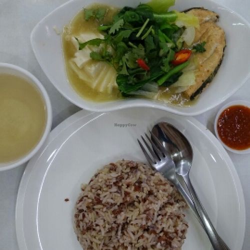 mock cod fish with bean curd and brown rice at Onn Vegetarian 安顺素食 in Central Singapore
