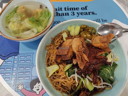 wanton noodles with fried wanton and a bowl of wanton. both the fried and soup wantons are great! should try! at Onn Vegetarian 安顺素食 in Central Singapore
