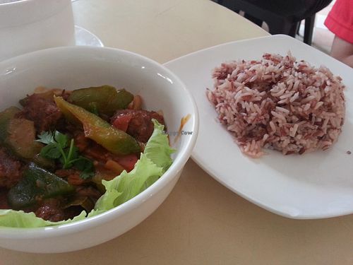 Stir-fry spicy bitter gourd & vegetarian mutton with organic brown rice at Onn Vegetarian 安顺素食 in Central Singapore