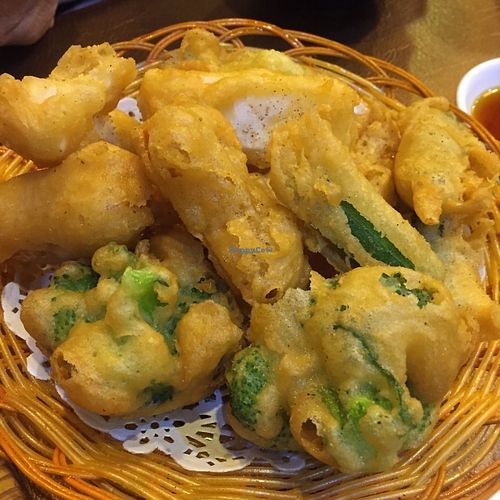 Assorted Deep-fried veggie, including broccoli, okra, pumpkin, sweet potatoes and mock squid.  at Veggie Family 素食一家 in Kowloon