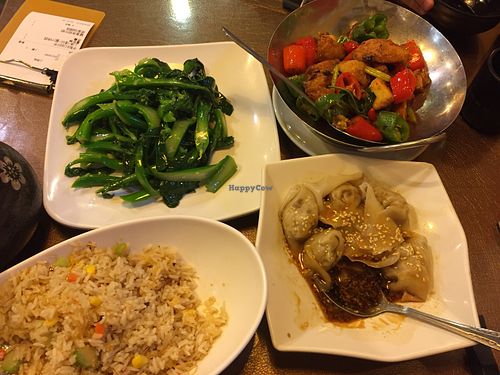 Dumplings, monkey head mushroom dish, seasonal green vegetable and rice dish at Veggie Family 素食一家 in Kowloon