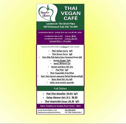 menu at Hearts Choices Thai Vegan Cafe in Calgary