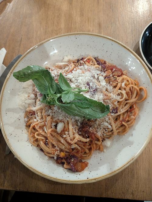 Spaghetti with vegan cheese at Lucy Blu in Greyton