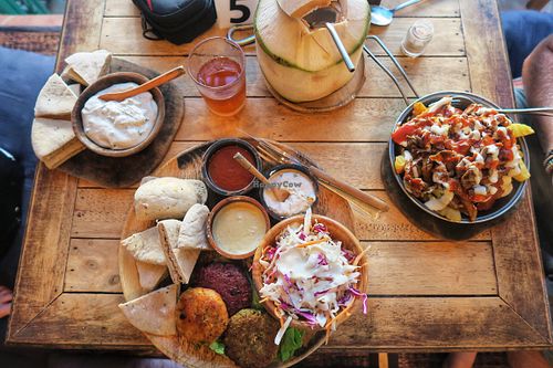 Pita with cream cheese, Burger Plate, Meaty Mushrooms at Eat.Co in Koh Phangan