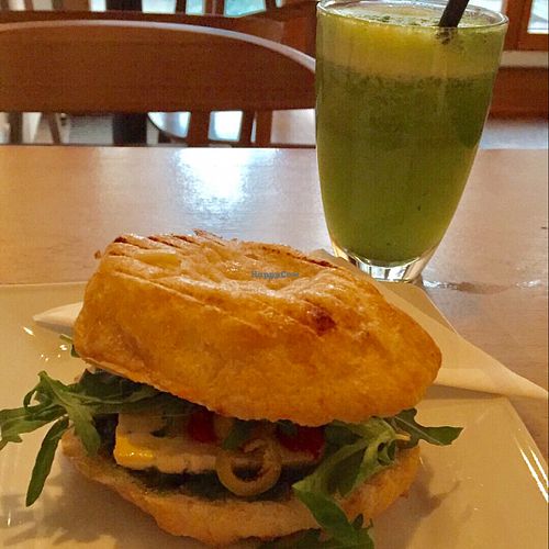 gluten free panini and j2 juice at Miazsz in Krakow