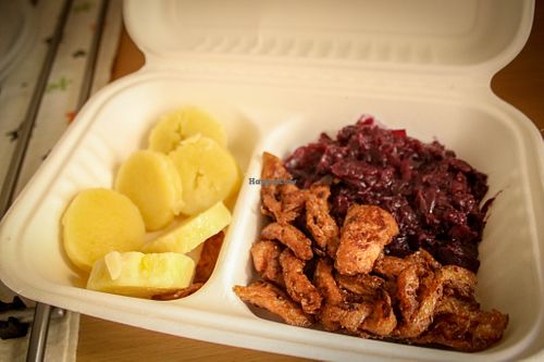 "duck" with red cabbage and potato dumplings at Belzepub in Prague