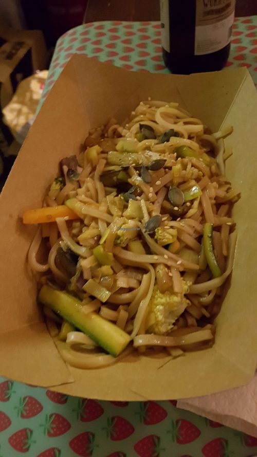 Wok of noodles at Enjoy Vegan in Barcelona