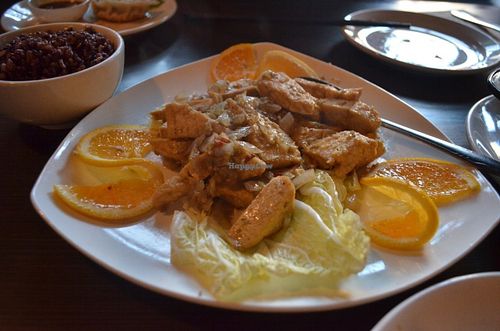 Lemongrass Vegan Tofu (you can also choose mock chicken, but I don't like mock meats) with brown rice in the back. It was good but could have been better at Indochine Vegan in San Francisco