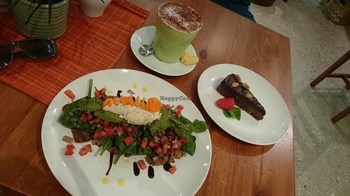 mediteranean breakfast with hot cacao & peanut butter cacao cake  at Buckini Bar in Broadbeach