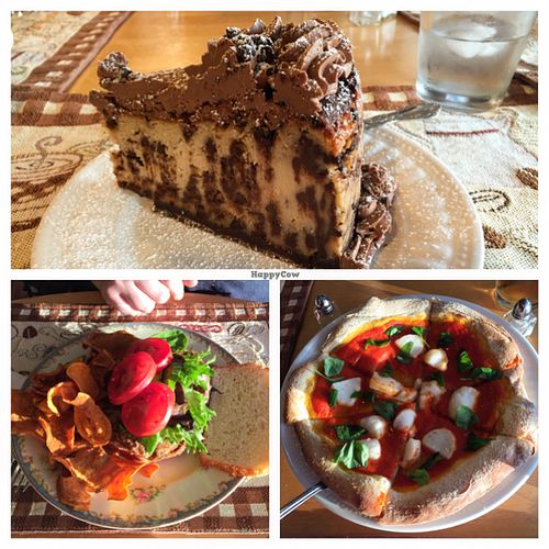 Chocolate chip cheesecake, sweet potato and black bean burger and mozzarella pizza. All Vegan of coarse!  at Fortuitea Cafe and Bakery in Washington