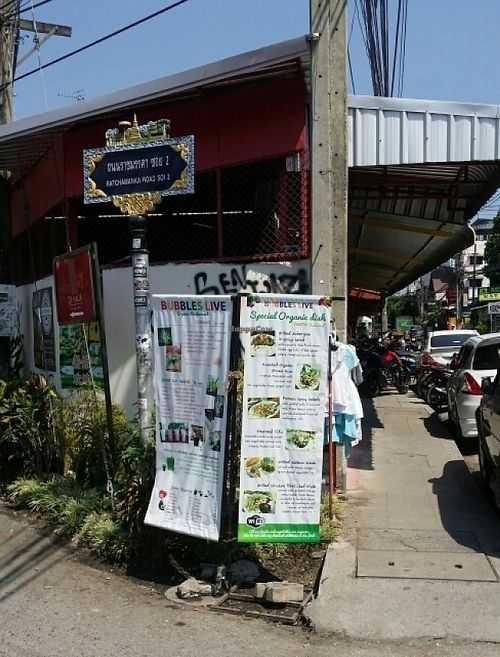 street sign & menu boards at Bubbles Live in Chiang Mai