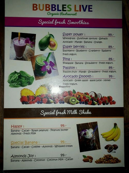 Smoothies Menu at Bubbles Live in Chiang Mai