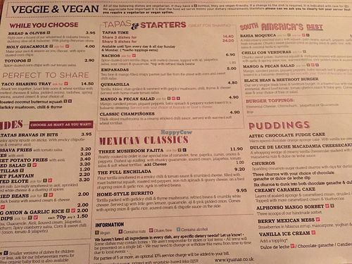 Pic of vegetarian and vegan menu at Las Iguanas in Cambridge