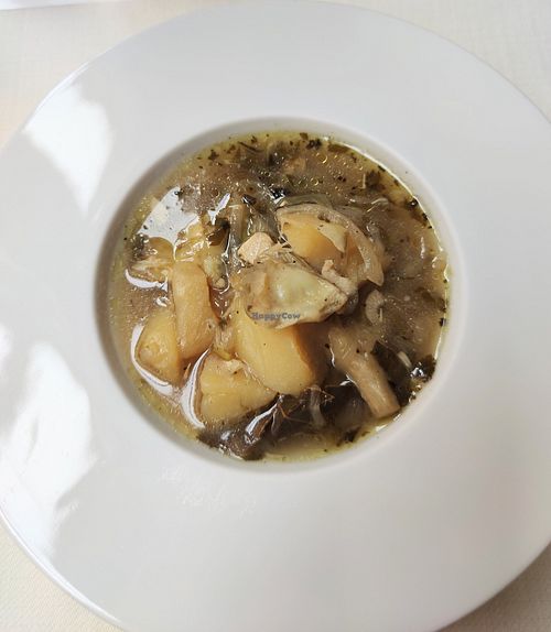 Artichoke, potato soup at El Vergel Veggie Restaurant in Tarragona