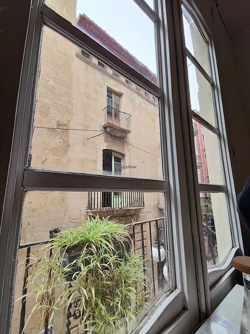 Inside looking out at El Vergel Veggie Restaurant in Tarragona