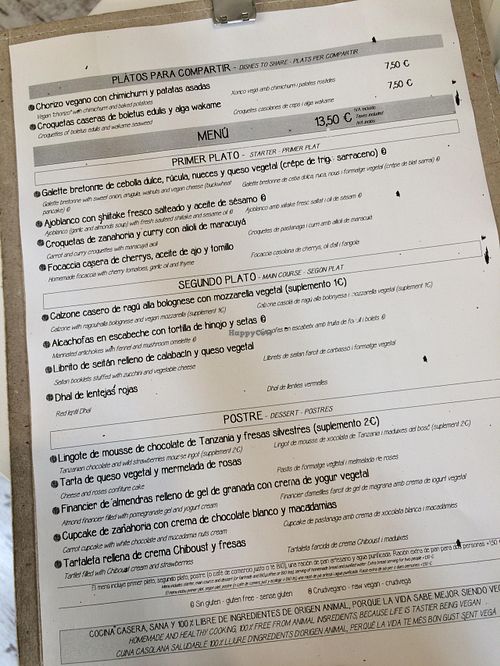 The lunch menu, as of late April 2016 at El Vergel Veggie Restaurant in Tarragona