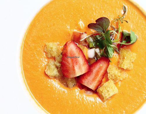 Salmorejo with strawberries  at El Vergel Veggie Restaurant in Tarragona