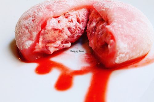 Handmade mochi filled with strawberries and cream  at El Vergel Veggie Restaurant in Tarragona