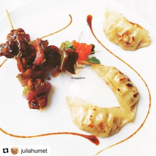 Gyozas de verduras y brochetas teriyaki #vegan en #elvergeltarragona  at El Vergel Veggie Restaurant in Tarragona