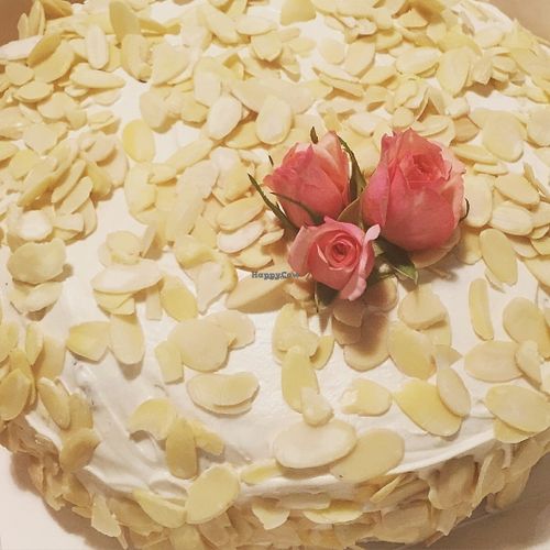 Carrot cake with almonds and white  chocolate  at El Vergel Veggie Restaurant in Tarragona