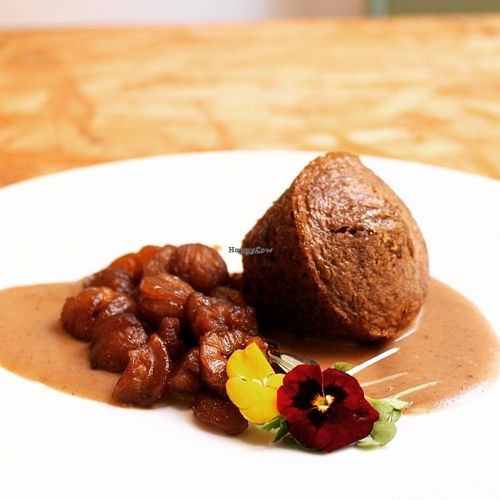 Boletus edulis cake, vegan foie sauce and braised chestnuts at El Vergel Veggie Restaurant in Tarragona