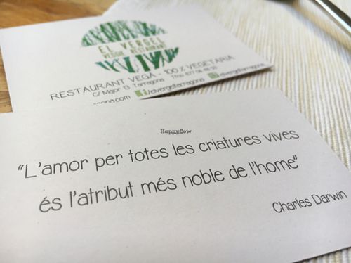 business card  at El Vergel Veggie Restaurant in Tarragona