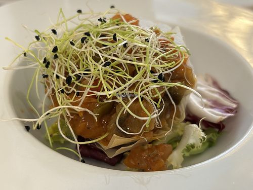 CRISPY FILO PASTRY WITH EGGPLANT CAVIAR AND SEASONAL VEGETABLES  at El Vergel Veggie Restaurant in Tarragona