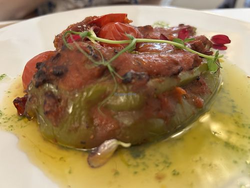 ITALIAN PEPPER STUFFED WITH VEGETABLES, WILD BLACK RICE AND VEGAN MINCED MEAT WITH TOMATO SAUCE  at El Vergel Veggie Restaurant in Tarragona