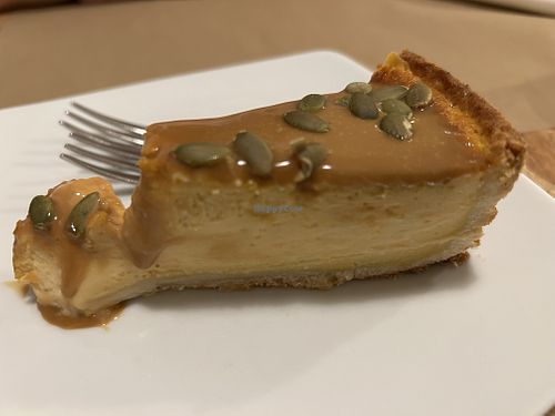 Roasted pumpkin and caramel cheesecake  at El Vergel Veggie Restaurant in Tarragona