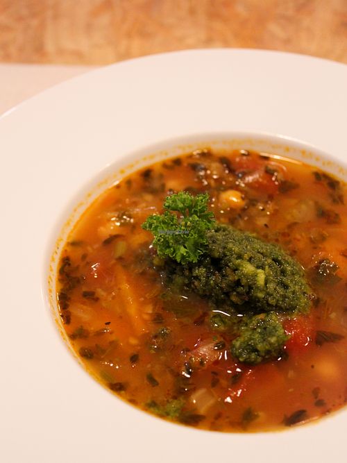 chickpea, tomato and pesto soup at El Vergel Veggie Restaurant in Tarragona