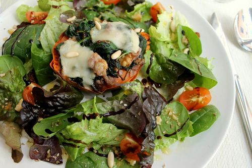 Sweet potatoes stuffed with spinach and vegetal mozzarella at El Vergel Veggie Restaurant in Tarragona