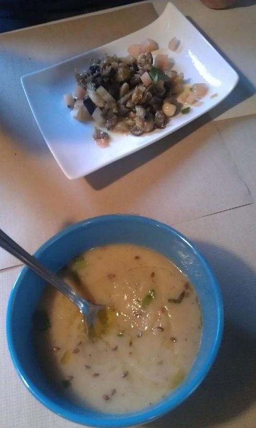 On the photo caponata and a soup from cauliflower. at La Hierba Luisa Cocina de la Huerta in Gran Canaria