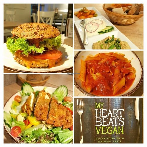 Veggie burger, huge salad with tofu, spelt pasta with tomato sauce, hummus. at My Heart Beats Vegan in Karlsruhe