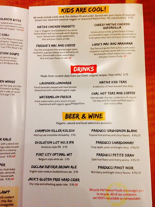 Kids and drinks menu at Native Foods Cafe in Falls Church
