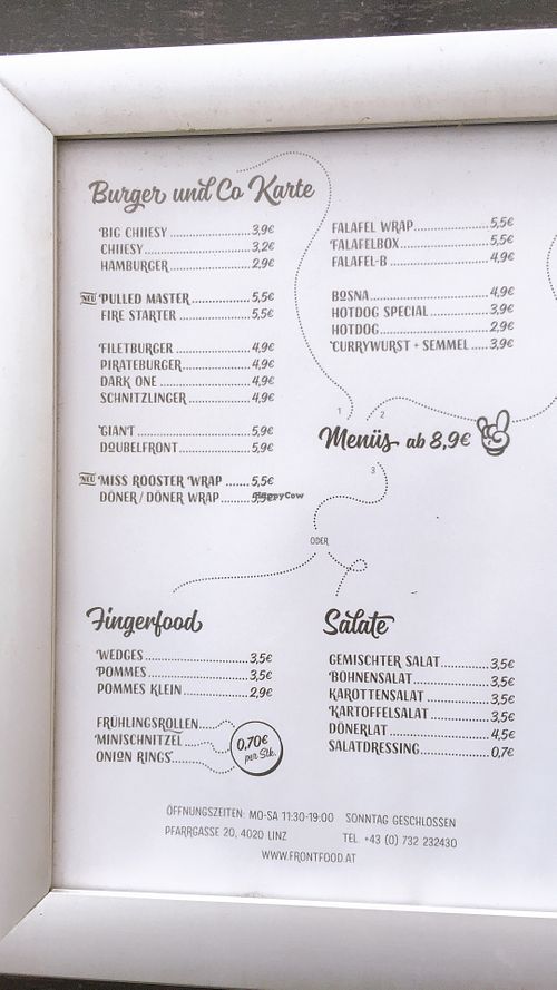 menu options at Front Food in Linz