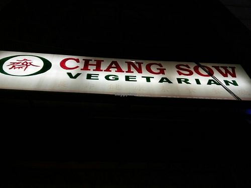 Restaurant Sign at Night at Changsow Vegetarian in 