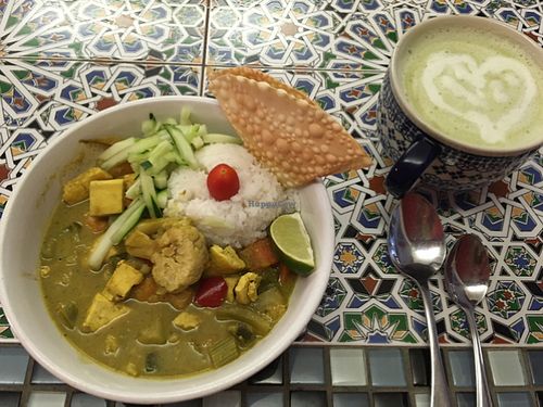 daily veg and a matcha latte at Good Eden in New Orleans