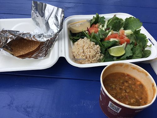 salad, rice, papadam and soup of the day at Good Eden in New Orleans