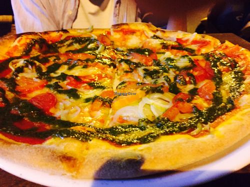 pizza with tomato and basil. yum! at Vegan Pizza in Warsaw