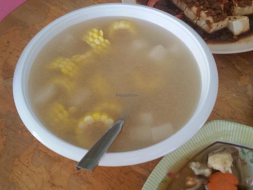 Corn and mock fish ball soup - love this!  at Naruwan Vegetarian Restaurant in Yong Peng