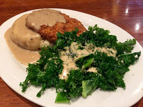Fried chick'n, cauliflower-mashed potatoes and steamed kale. at Veggie Grill by Next Level in Pasadena
