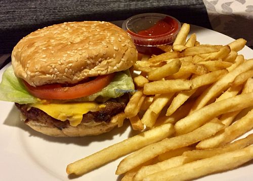 Beyond Burger cheeseburger and fries at Veggie Grill by Next Level in Pasadena